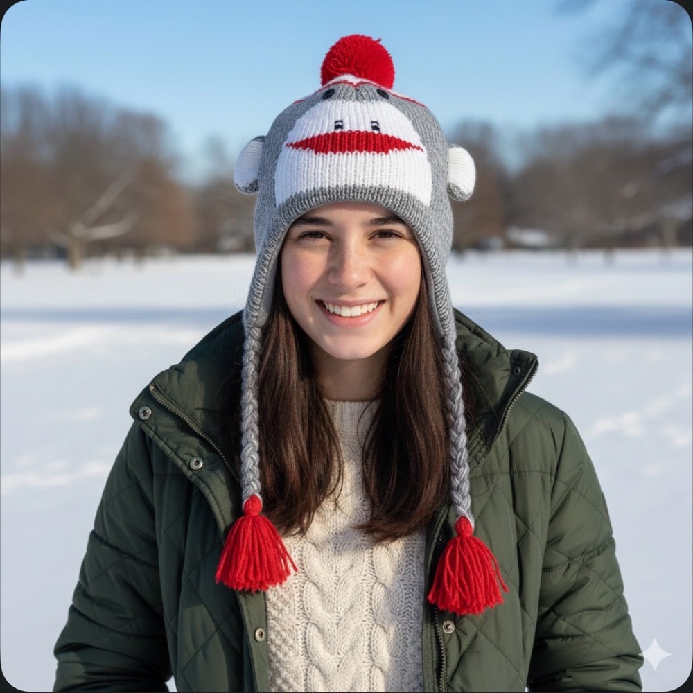 Sock Monkey Knit Trapper Beanie Braided Tassels Pom-Pom Grunge Earflap Hat Gray